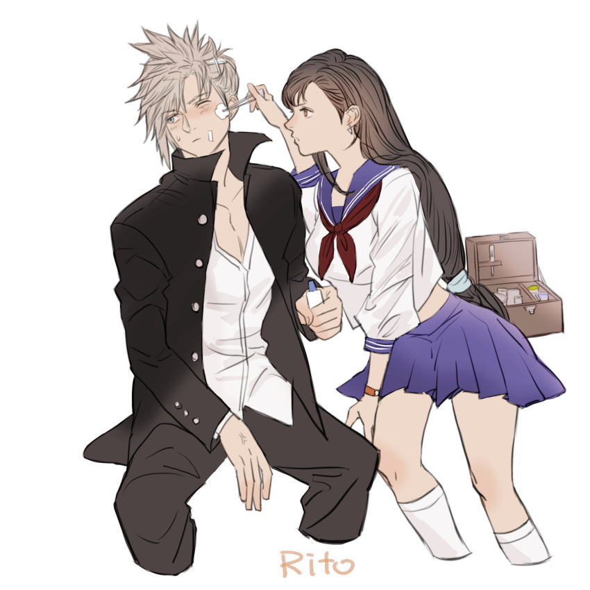 1boy, 1girl, averting_eyes, bandaid, bandaid_on_cheek, bandaid_on_face, black_jacket, black_pants, blonde_hair, blue_eyes, blue_sailor_collar, blue_skirt, blush, bottle, buttons, cloud_strife, cloud_strife_(midgard_seventh_high_school), collarbone, commentary_request, cropped_legs, delinquent, earrings, final_fantasy, final_fantasy_vii, final_fantasy_vii_ever_crisis, first_aid, first_aid_kit, gakuran, hair_behind_ear, highres, holding, holding_bottle, holding_tweezers, invisible_chair, jacket, jewelry, kneehighs, long_hair, looking_at_another, low-tied_long_hair, midriff_peek, miniskirt, neckerchief, official_alternate_costume, one_eye_closed, open_clothes, open_jacket, pants, pleated_skirt, popped_collar, red_eyes, red_neckerchief, sailor_collar, school_uniform, serafuku, short_hair, sitting, skirt, socks, spiky_hair, sweatdrop, tifa_lockhart, tifa_lockhart_(midgard_seventh_high_school), tori_(labyrinth_fft), white_background, white_serafuku, white_socks