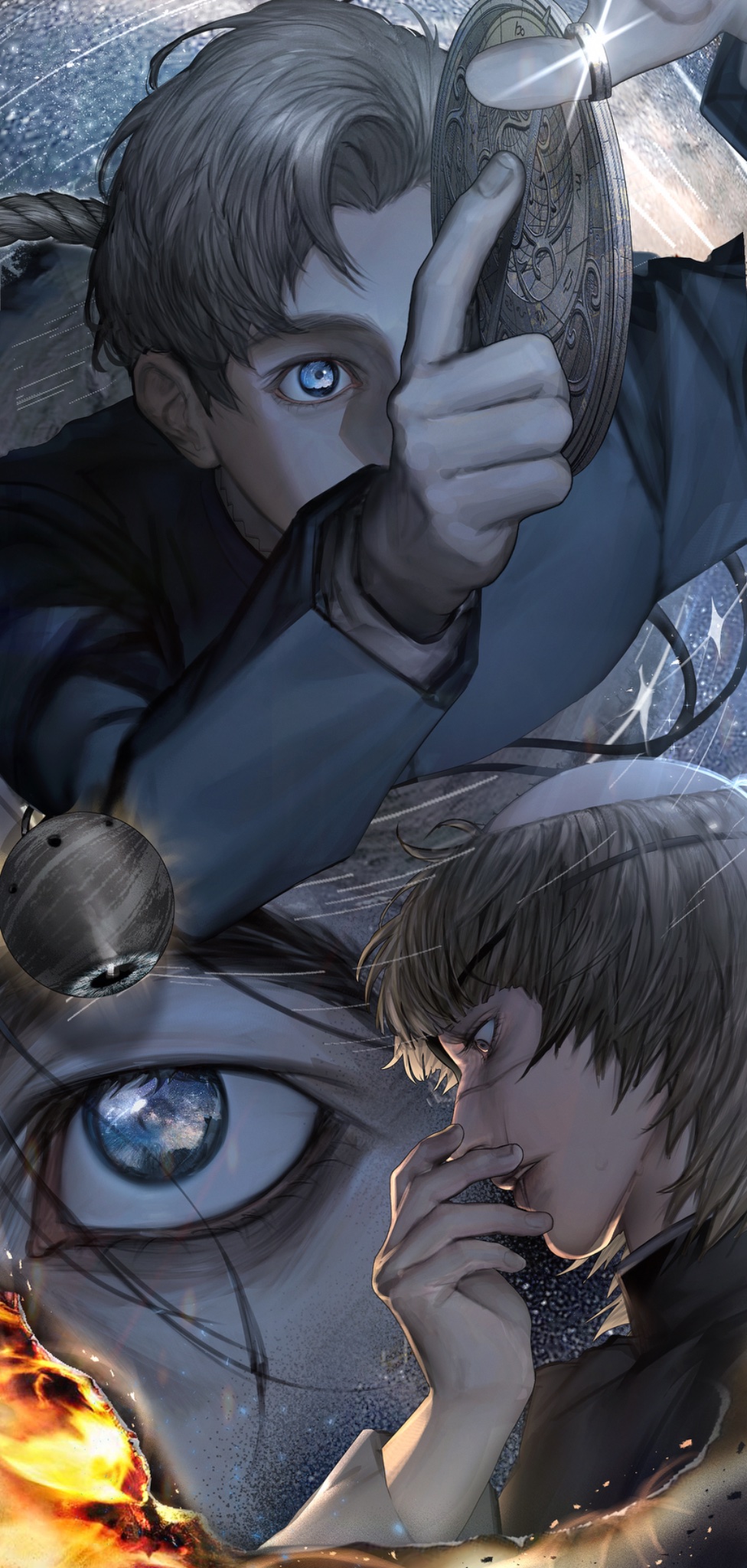 3boys, astrolabe, badeni, blonde_hair, blue_eyes, chi.:_chikyuu_no_undou_ni_tsuite, denpyu_shi, eye_reflection