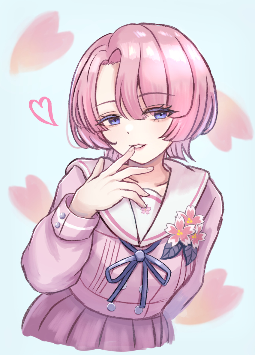 1girl, absurdres, arimura_mao, blue_ribbon, collarbone, commentary_request, cropped_legs, gakuen_idolmaster, heart, highres, idolmaster, latte_(a_nextsystem), long_sleeves, looking_at_viewer, neck_ribbon, pink_hair, pink_serafuku, pleated_skirt, ribbon, school_uniform, serafuku, short_hair, skirt, smile, solo, white_background
