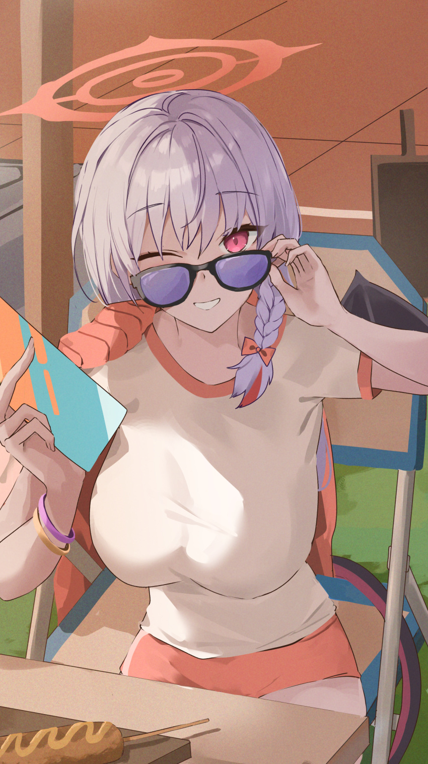 1girl, absurdres, albino, black_wings, blue_archive, braid, breasts, buruma, gym_shirt, gym_uniform, halo, haruna_(blue_archive), haruna_(track)_(blue_archive), highres, jacket, jacket_on_shoulders, large_breasts, looking_at_viewer, official_alternate_costume, one_eye_closed, red_buruma, red_eyes, red_halo, shirt, short_sleeves, single_braid, single_wing, sunglasses, tail, udonpan, white_shirt, wings