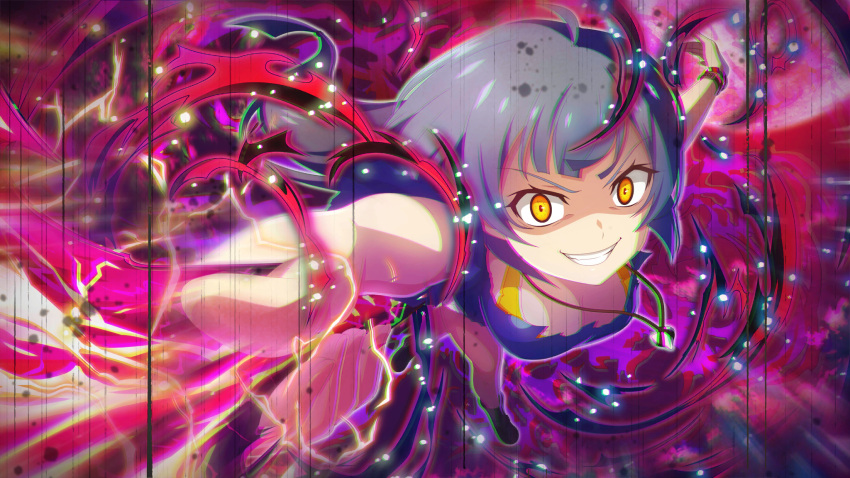 1girl, arm_up, attack, aura, blue_hair, blue_shirt, bracelet, crazy_smile