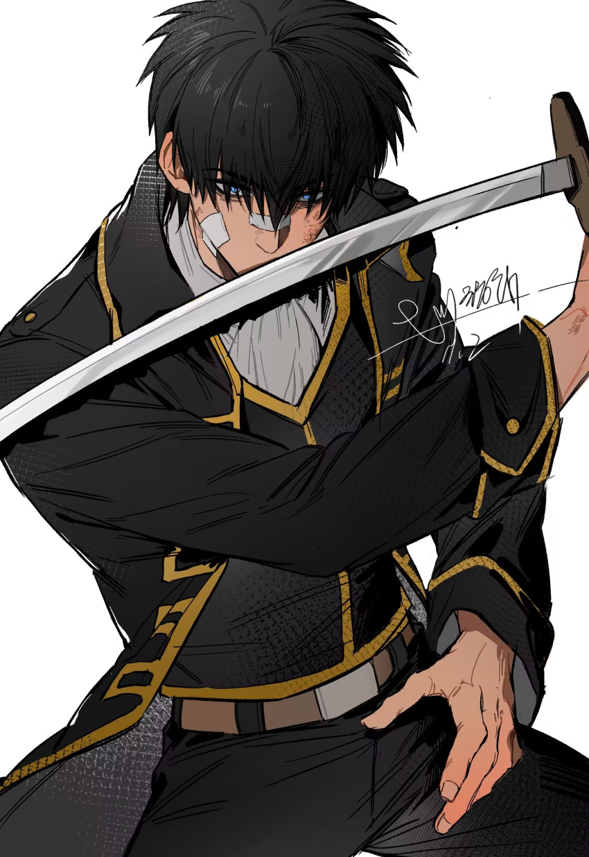 1boy, absurdres, arm_up, ascot, belt, belt_buckle, black_coat, black_hair, black_pants, black_vest, blue_eyes, brown_belt, bruise, bruise_on_face, buckle, coat, collared_coat, gauze, gauze_on_cheek, gintama, highres, hijikata_toushirou, holding, holding_sword, holding_weapon, injury, katana, long_sleeves, looking_ahead, male_focus, open_clothes, open_coat, pants, shirt, short_hair, signature, simple_background, sleeve_cuffs, solo, sword, vest, weapon, white_ascot, white_background, white_shirt, wing_collar, yellow_trim, zheqi79512