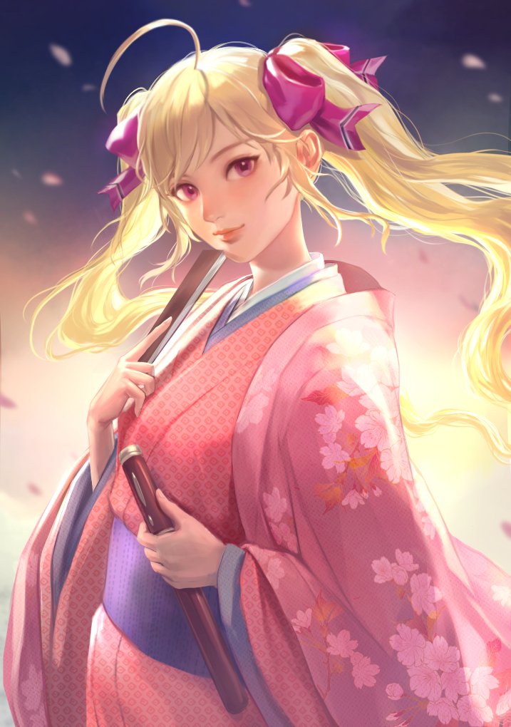 1girl, ahoge, alternate_costume, backlighting, blonde_hair, blurry, blurry_background, bow