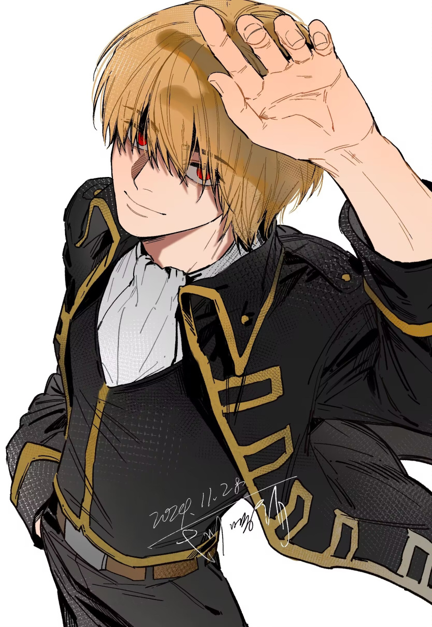 1boy, absurdres, arm_up, ascot, belt, belt_buckle, black_jacket, black_pants
