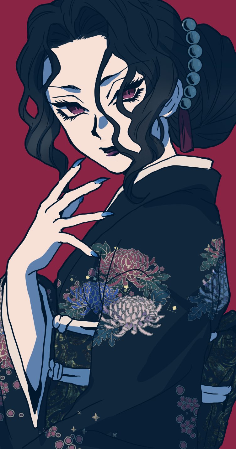 1girl, 6tygu, black_hair, black_kimono, demon_girl, fingernails, genderswap, genderswap_(mtf)