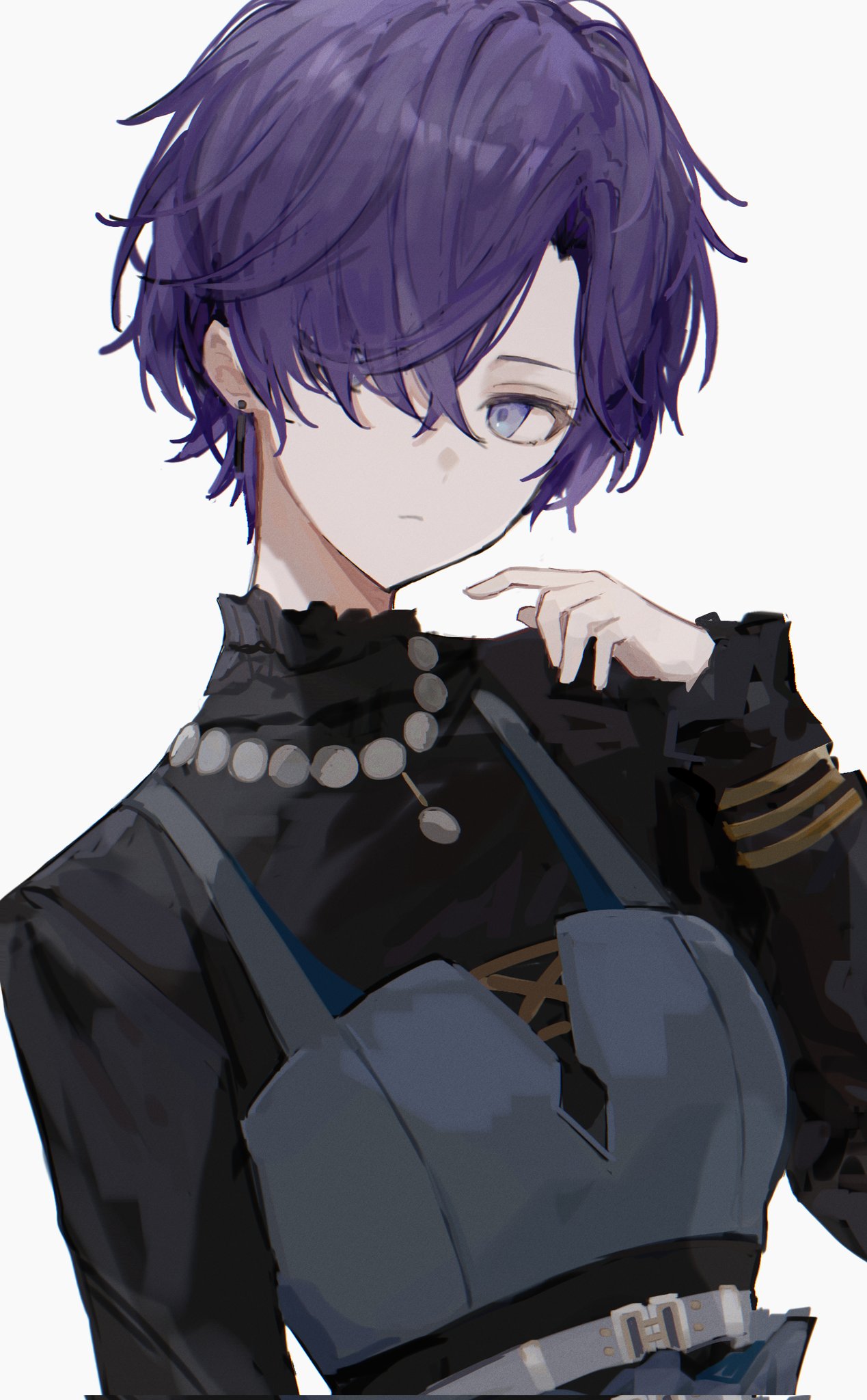1girl, androgynous, arm_at_side, asahina_mafuyu, belt, black_shirt, bracelet, closed_mouth, collar, colorful_festival_(project_sekai), cosplay, earrings, expressionless, frilled_collar, frills, hair_over_one_eye, hand_up, highres, jewelry, long_sleeves, looking_to_the_side, meiko_(vocaloid), meiko_(vocaloid)_(cosplay), multiple_bracelets, necklace, official_alternate_costume, official_alternate_hair_length, official_alternate_hairstyle, ouji_fashion, parted_hair, pearl_necklace, project_sekai, purple_hair, relax_teatime_(project_sekai), reverse_trap, shirt, short_hair, sideways_glance, simple_background, solo, upper_body, very_short_hair, violet_eyes, vocaloid, white_background, yukiusagi_(yukiusagi_52)