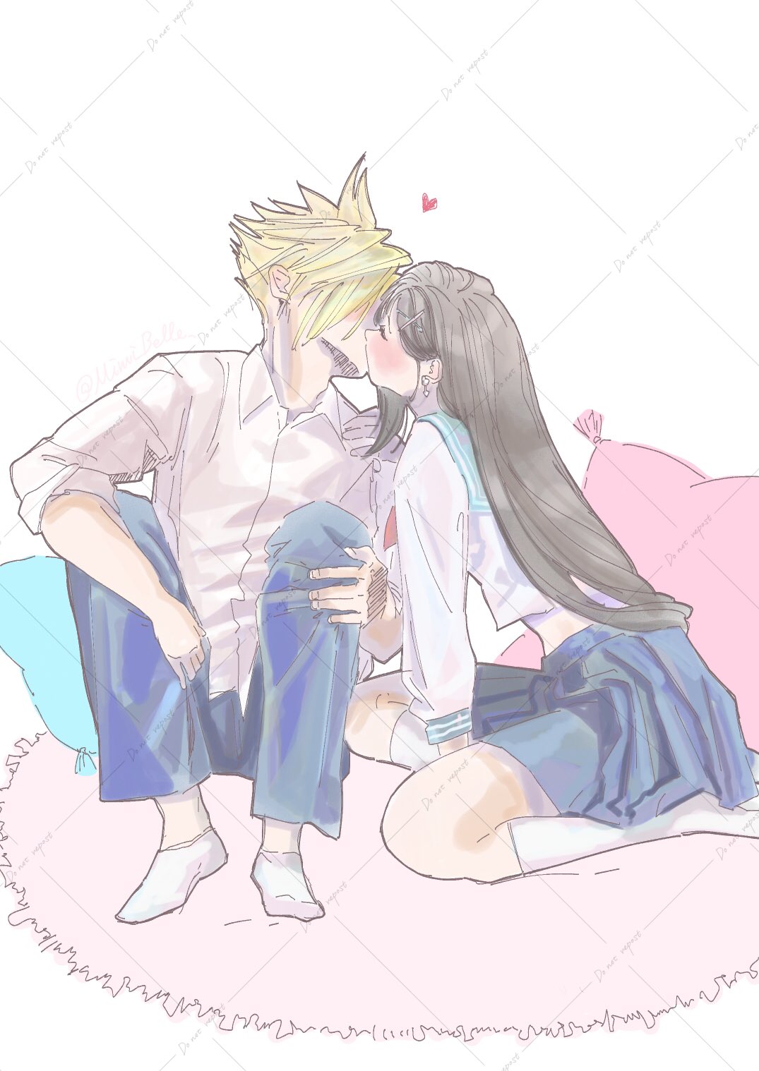 1boy, 1girl, black_hair, blonde_hair, blue_sailor_collar, blue_skirt, blush, brown_hair, closed_eyes, cloud_strife, cloud_strife_(midgard_seventh_high_school), collared_shirt, commentary_request, couple, earrings, facing_another, feet_out_of_frame, final_fantasy, final_fantasy_vii, final_fantasy_vii_ever_crisis, from_side, full_body, hair_ornament, hairclip, heart, hetero, highres, jewelry, kiss, kneehighs, knees_up, long_hair, midriff_peek, mimi_belle, miniskirt, neckerchief, no_shoes, official_alternate_costume, pants, pillow, pleated_skirt, profile, red_neckerchief, sailor_collar, school_uniform, seiza, serafuku, shirt, short_hair, sitting, skirt, sleeves_rolled_up, socks, spiky_hair, tifa_lockhart, tifa_lockhart_(midgard_seventh_high_school), white_serafuku, white_shirt, white_socks