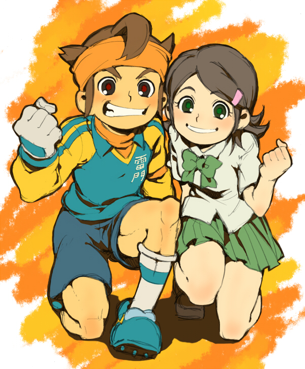 endou_mamoru, green_eyes, green_hair, grin, headband, inazuma_eleven, inazuma_eleven_(series), kino_aki