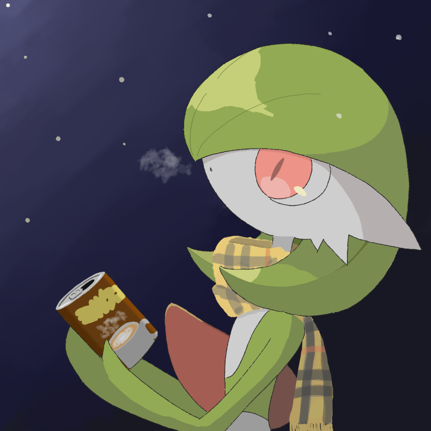 1girl, blue_background, bob_cut, breath, can, canned_coffee, clothed_pokemon, colored_skin