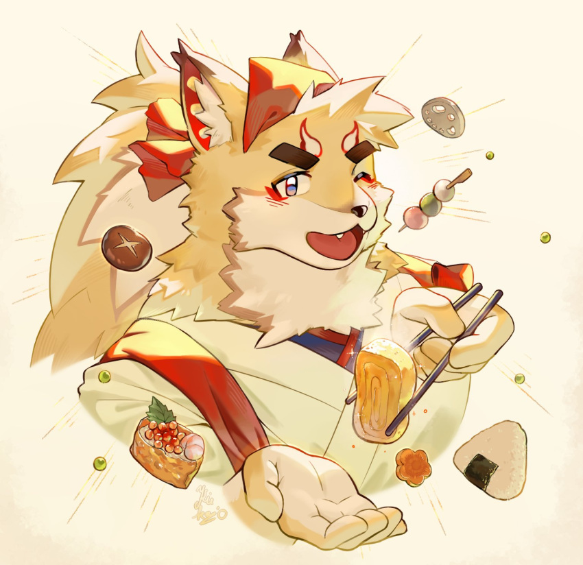 blue_eyes, blush, chopsticks, dango, food, headscarf, highres, holding