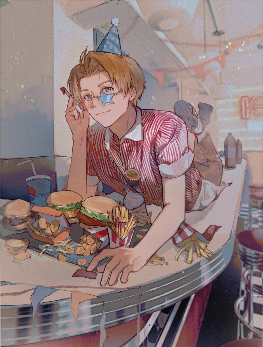1boy, absurdres, america_(hetalia), apron, arm_up, axis_powers_hetalia, bar_stool, blonde_hair