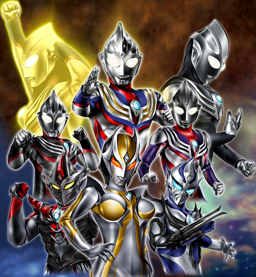 1girl, 3boys, alien, arm_blade, armor, arms_up, aura, black_skin