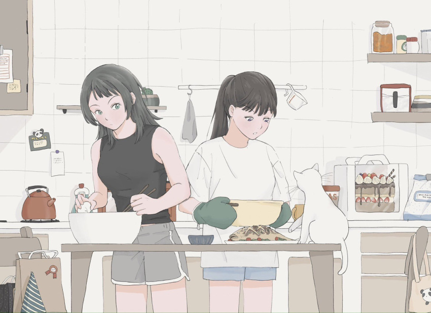 2girls, bang_dream!, bang_dream!_it's_mygo!!!!!, bare_arms, black_hair, black_shirt, blue_eyes, blue_shorts, brown_hair, cactus, cake, cat, chopsticks, closed_mouth, commentary, cooking, dolphin_shorts, fish_(food), food, grey_shorts, hashtag-only_commentary, holding, holding_chopsticks, i_love_lesbian, indoors, jar, kettle, kitchen, long_hair, measuring_cup, mixing_bowl, mole, mole_under_eye, multiple_girls, oven_mitts, parted_lips, pastry_box, ponytail, shiina_taki, shirt, shorts, sleeveless, sleeveless_shirt, soap_bottle, violet_eyes, white_cat, yahata_umiri