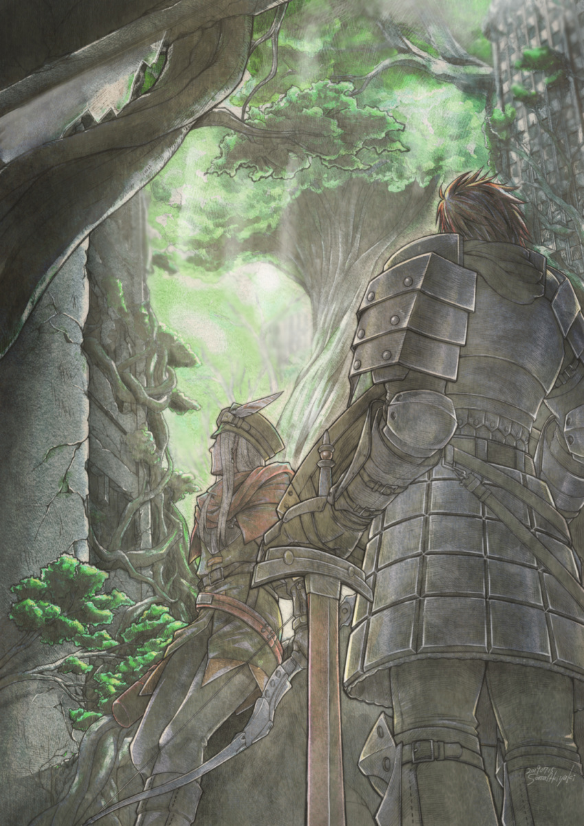 2019, 2boys, armor, bow_(weapon), bracer, cloak, faulds, gauntlets