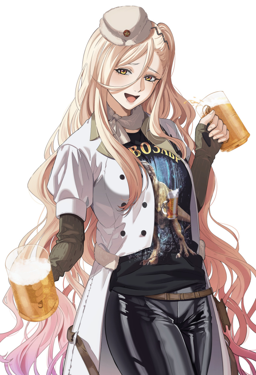 1girl, a-91_(girls'_frontline), absurdres, alcohol, alpha_transparency, beer, beer_mug, black_shirt, blonde_hair, blush, coat, commission, commissioner_upload, cowboy_shot, cup, garrison_cap, girls_frontline, hat, highres, holding, holding_cup, long_hair, looking_at_viewer, meme, mole, mole_under_eye, mug, mywaffuru, non-web_source, open_clothes, open_coat, open_mouth, pivozavr_(meme), saliva, shirt, smile, solo, star_(symbol), transparent_background, white_coat, yellow_eyes