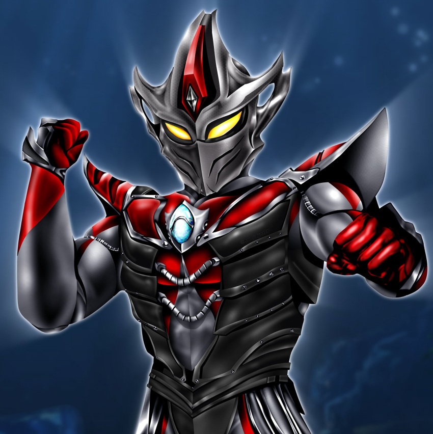 1boy, alien, armor, black_armor, breastplate, clenched_hands, collarbone, color_timer