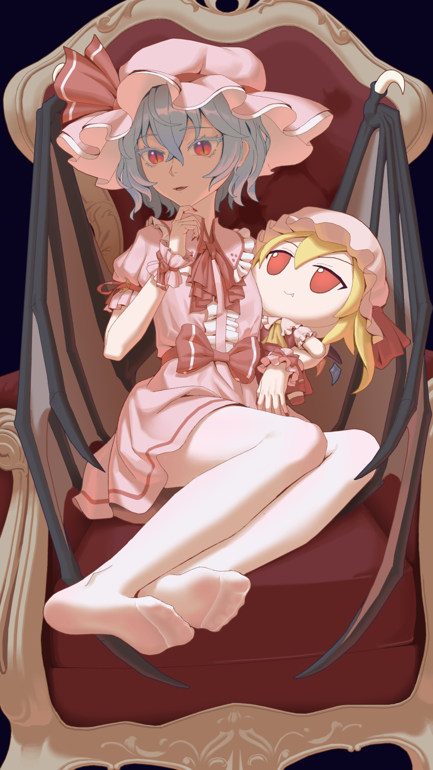 1girl, absurdres, bat_wings, blue_hair, character_doll, doll, dress, flandre_scarlet