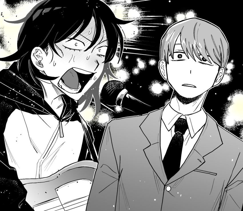 1boy, 1girl, blazer, blush, collared_shirt, commentary_request, electric_guitar, futsuu_no_keion-bu