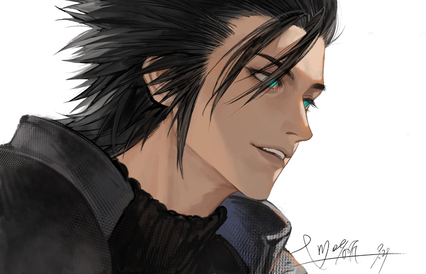 1boy, absurdres, aqua_eyes, armor, black_hair, black_shirt, crisis_core_final_fantasy_vii, eyelashes, final_fantasy, final_fantasy_vii, hair_slicked_back, highres, male_focus, parted_lips, pauldrons, shirt, shoulder_armor, signature, simple_background, smile, solo, teeth, three_quarter_profile, turtleneck, upper_body, white_background, zack_fair, zheqi79512