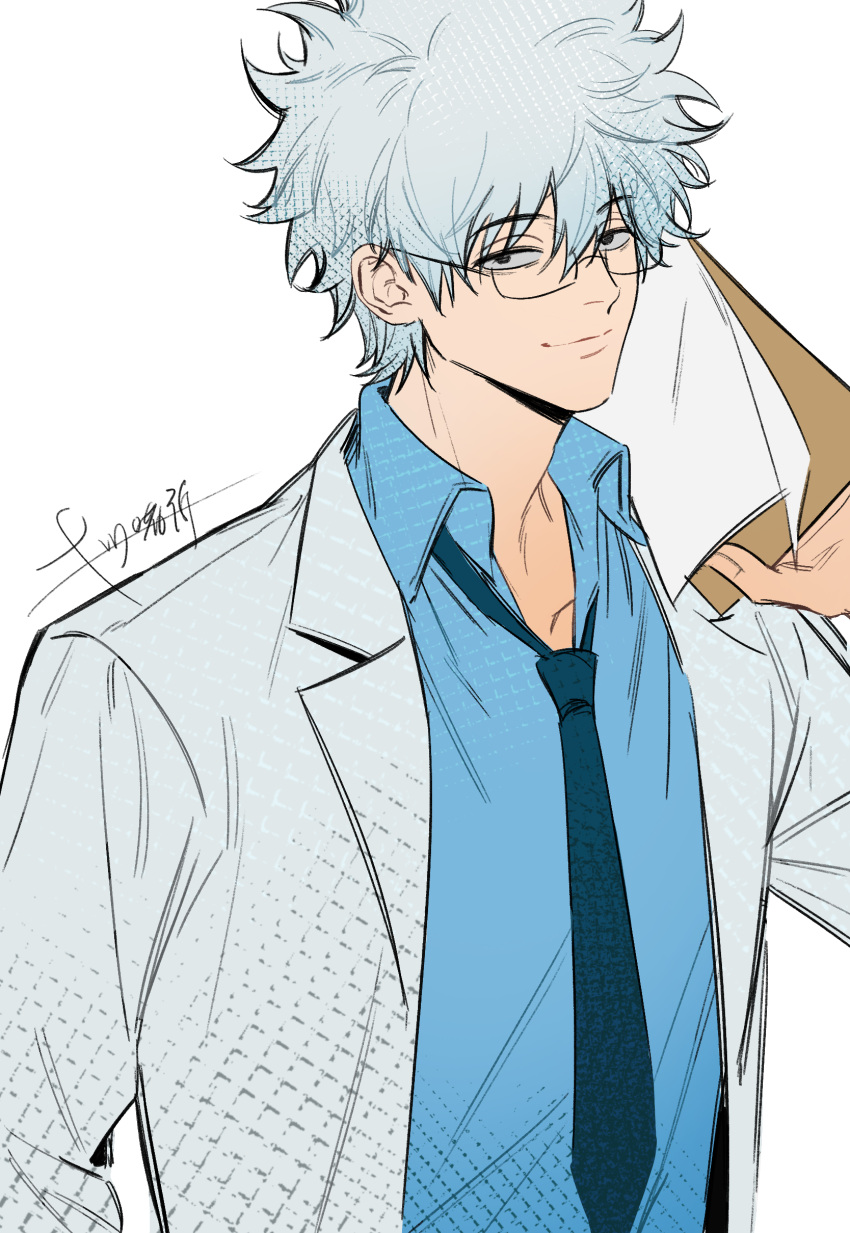 1boy, absurdres, blue_necktie, blue_shirt, clipboard, coat, collared_shirt, gintama