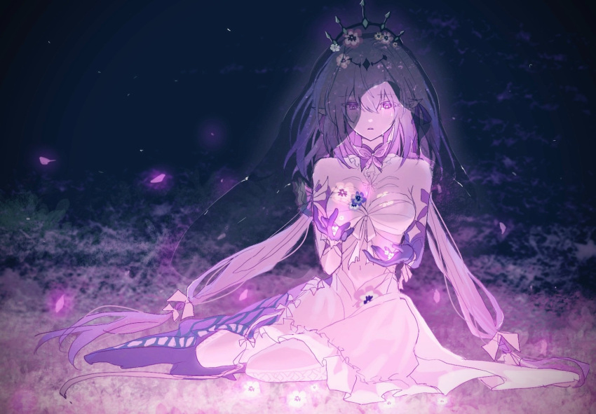 1girl, bare_shoulders, bow, castorice_(honkai:_star_rail), commentary, crown, dalflower_s2, dress