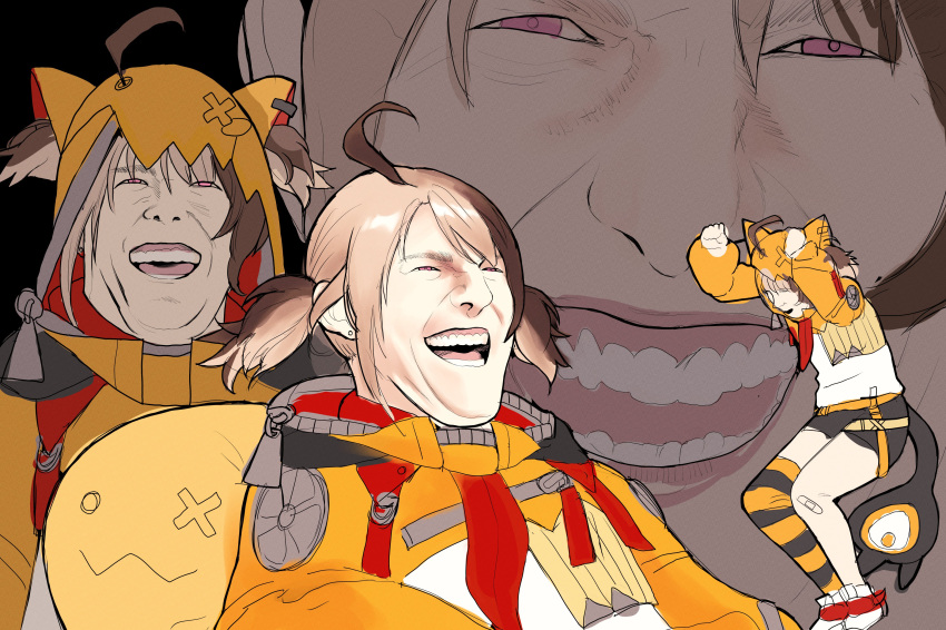 1boy, :3, :d, absurdres, ahoge, black_shorts, brown_hair, commentary