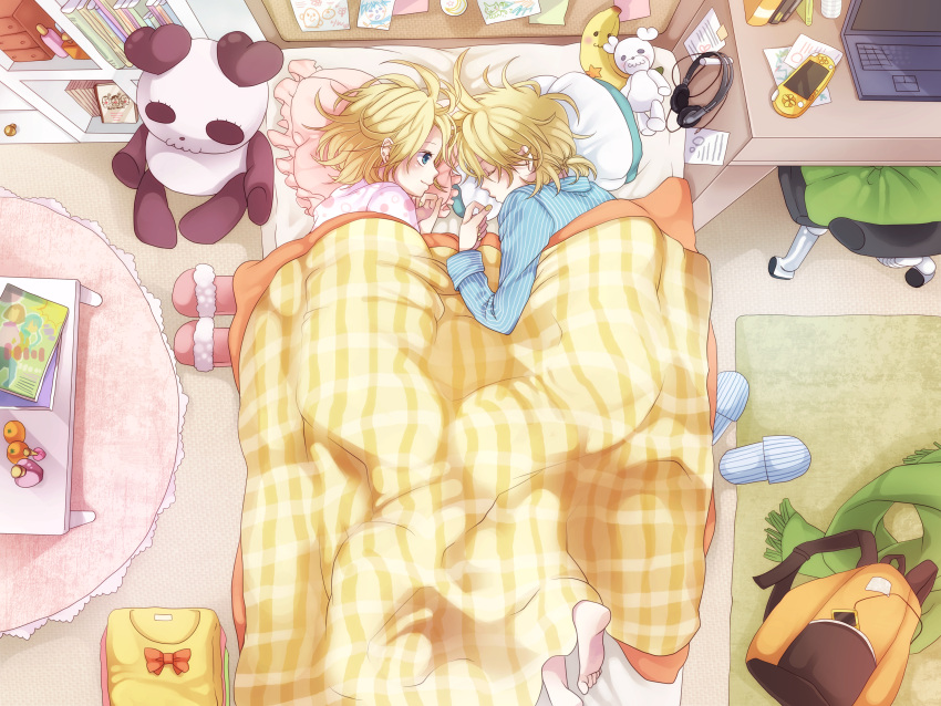 barefoot, blonde_hair, blue_eyes, brother_and_sister, computer, feet, from_above, headphones, highres, kagamine_len, kagamine_rin, laptop, lying, playstation_portable, psp, short_hair, siblings, sleeping, smile, stuffed_animal, stuffed_toy, toes, twins, vocaloid, yamako_(artist)