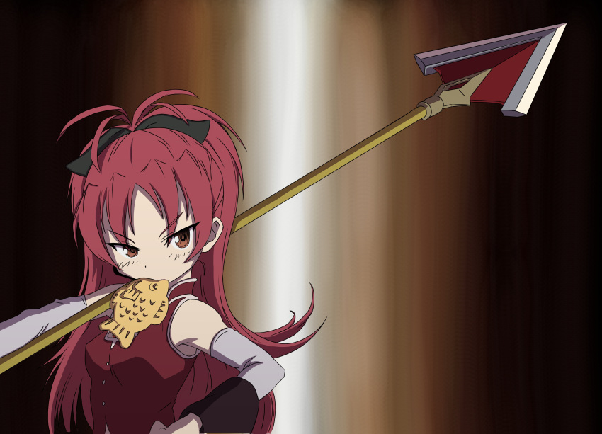 absurdres, detached_sleeves, food, highres, long_hair, magical_girl, mahou_shoujo_madoka_magica, polearm