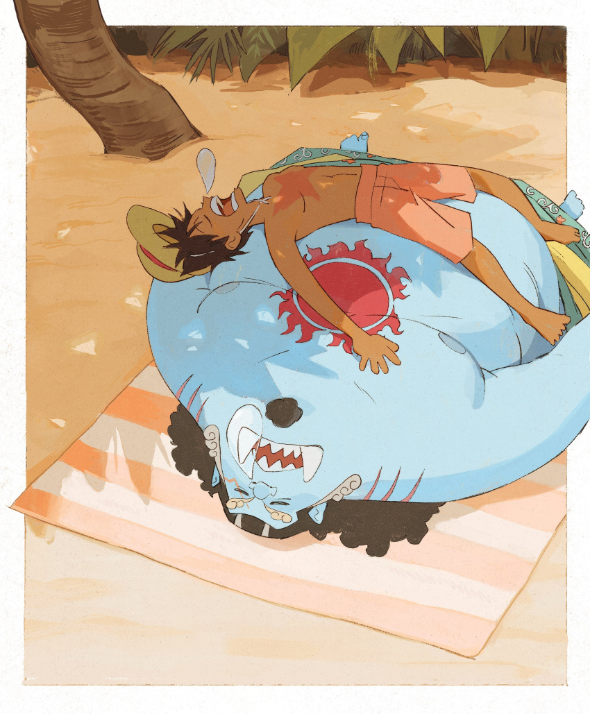 2boys, ^_^, absurdres, beach, black_hair, blue_skin, closed_eyes, colored_skin