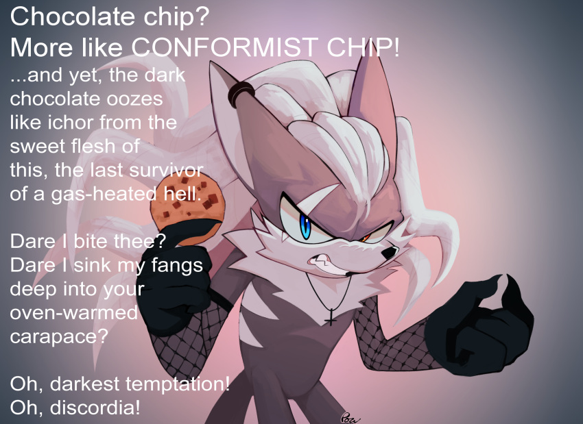 1boy, animal_ears, blue_eyes, cookie, cowboy_shot, cross, cross_necklace, ear_piercing, food, furry, furry_male, gradient_background, grey_background, heterochromia, highres, infinite_(sonic), jackal_ears, jewelry, male_focus, necklace, photo-referenced, piercing, powpowchaos, signature, solo, sonic_(series), sonic_forces, teeth, white_hair, yellow_eyes