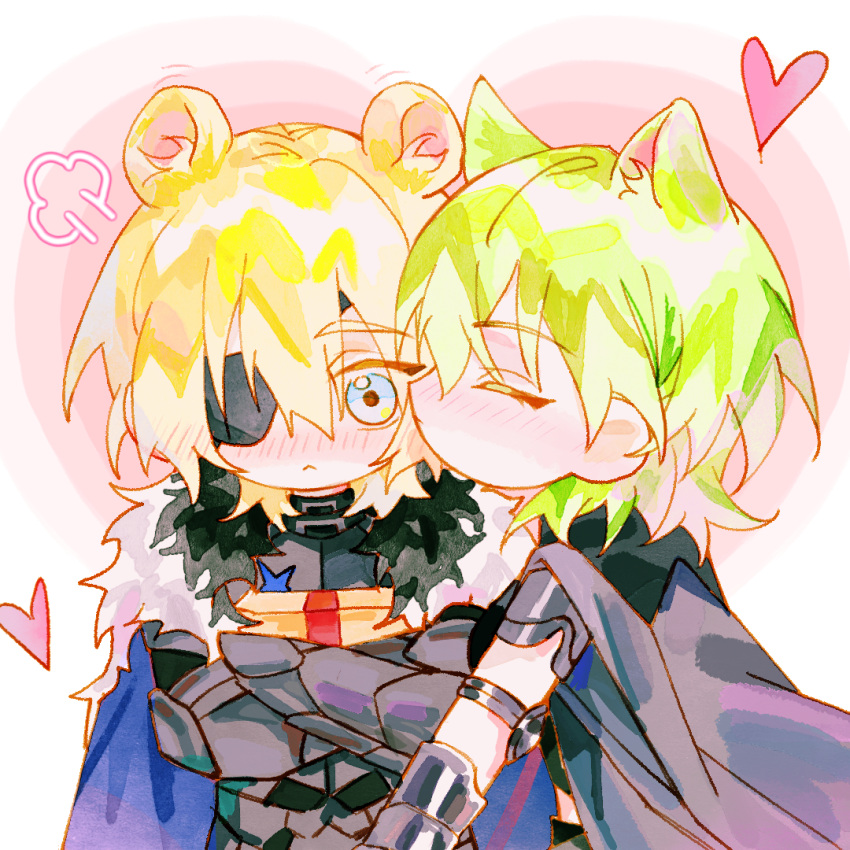 1boy, 1girl, :<, animal_ear_fluff, animal_ears, armor, black_armor, black_cape, black_fur, blue_cape, blue_eyes, blush, box, breastplate, byleth_(female)_(enlightened)_(fire_emblem), byleth_(female)_(fire_emblem), byleth_(fire_emblem), cape, cat_ears, chinese_commentary, closed_eyes, closed_mouth, commentary_request, crossed_arms, dimitri_alexandre_blaiddyd, dimitri_alexandre_blaiddyd_(timeskip), eyepatch, faulds, fire_emblem, fire_emblem:_three_houses, fur-trimmed_cape, fur_trim, gauntlets, gift, gift_box, gorget, green_hair, hair_behind_ear, heart, hetero, kiss, kissing_cheek, lion_ears, looking_at_viewer, one_eye_covered, puff_of_air, white_fur, youyu170
