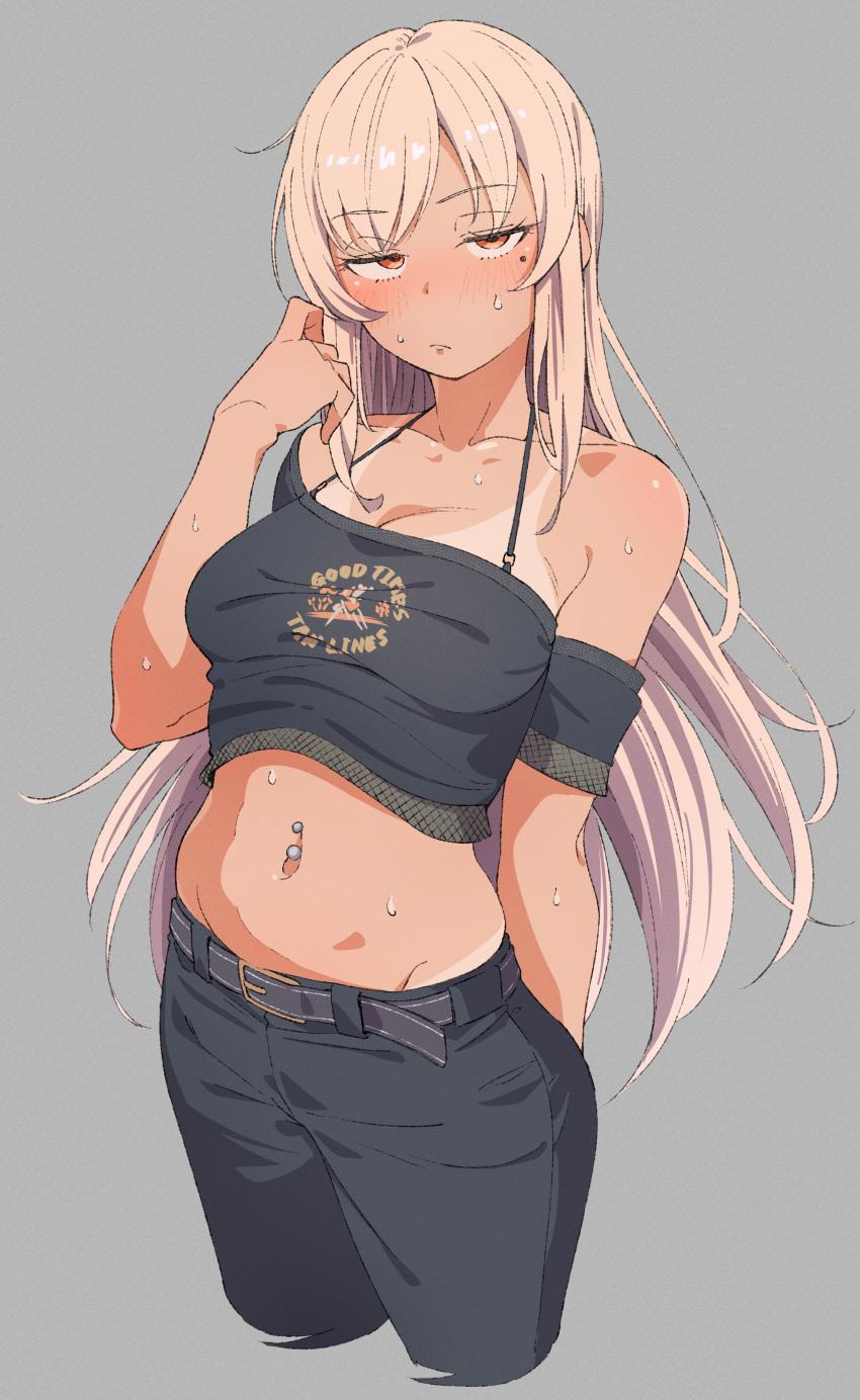 1girl, absurdres, black_pants, blonde_hair, eitopondo, highres, long_hair, mole