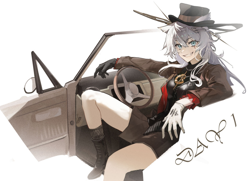 1girl, ambience_synesthesia, animal_ear_fluff, animal_ears, aqua_eyes, arknights, black_corset, black_gloves, boots, breasts, brown_jacket, brown_shorts, car, casual, commentary_request, corset, english_text, feet_out_of_frame, gloves, grey_hair, hair_ornament, hairclip, hat, highres, jacket, jewelry, lappland_(arknights), lappland_the_decadenza_(arknights), long_hair, long_sleeves, looking_at_viewer, motor_vehicle, necklace, official_alternate_costume, open_mouth, polaris_(user_rdgx7257), scar, scar_across_eye, scar_on_face, shorts, sidelocks, sitting, smile, socks, solo, teeth, white_background, white_gloves, wolf_ears, wolf_girl
