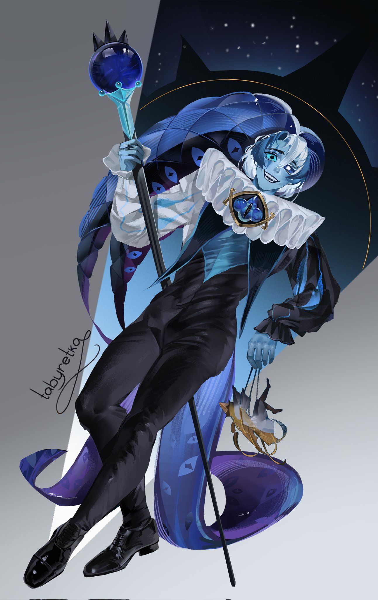 1boy, blue_eyes, blue_skin, brooch, colored_skin, cookie_run, cookie_run:_kingdom, hat