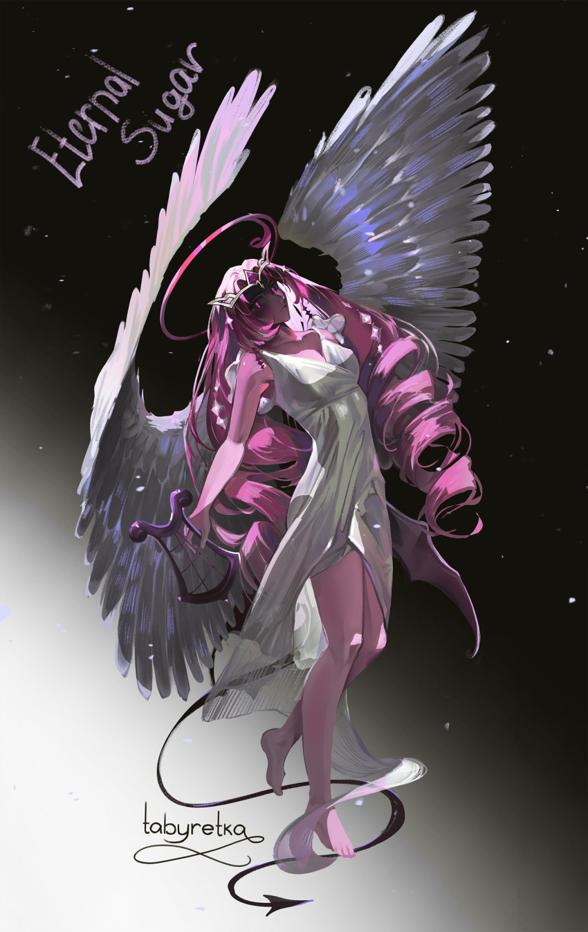 1girl, angel, angel_wings, colored_skin, commentary, cookie_run, cookie_run:_kingdom, demon_girl, demon_wings, english_commentary, eternal_sugar_cookie, highres, long_hair, pink_hair, pink_skin, solo, tabyretka16, wings