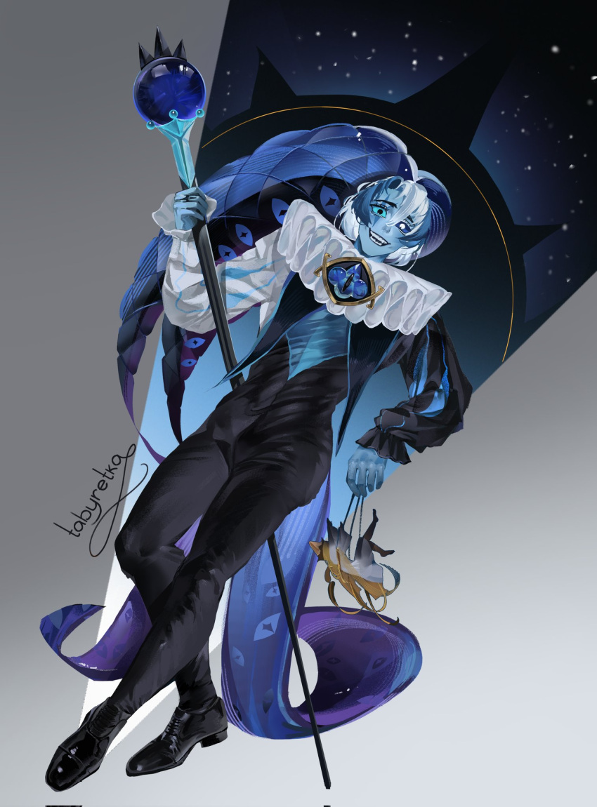 1boy, blue_eyes, blue_hat, blue_skin, colored_skin, cookie_run, cookie_run:_kingdom, hat, highres, humanization, jester_cap, long_hair, long_sleeves, looking_at_viewer, male_focus, neck_ruff, puffy_long_sleeves, puffy_sleeves, shadow_milk_cookie, simple_background, smile, solo, tabyretka16, white_hair