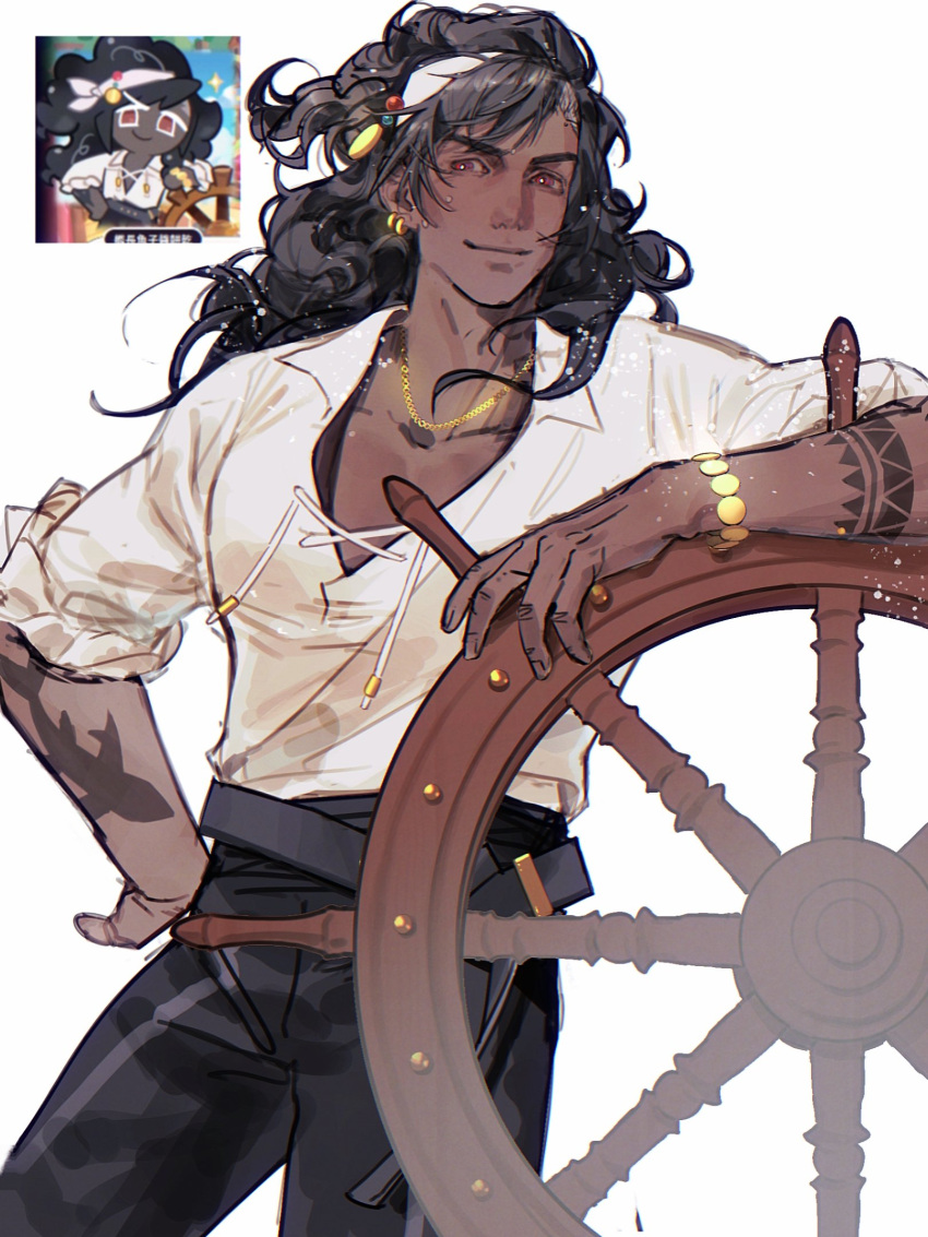 1boy, black_hair, bracelet, captain_caviar_cookie, cookie_run, cookie_run:_kingdom, dark-skinned_male, dark_skin