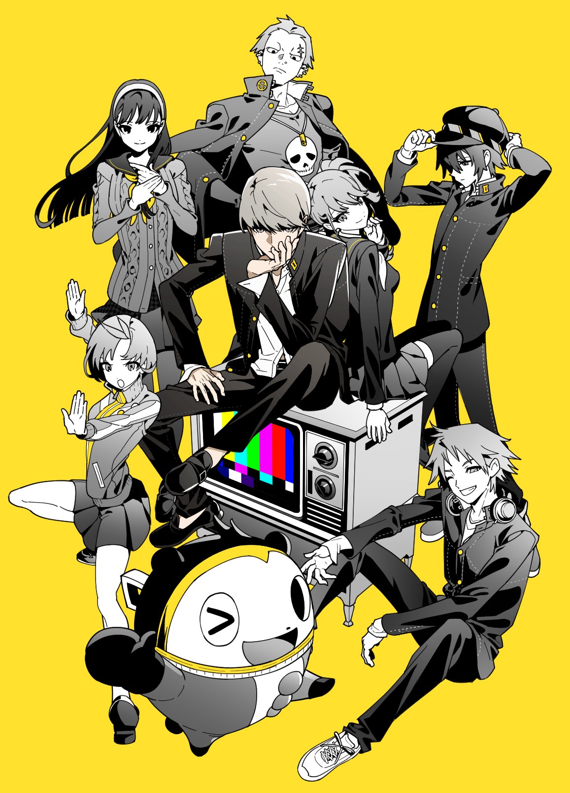 4boys, 4girls, :d, :|, amagi_yukiko, animal_ears, antenna_hair, arm_up