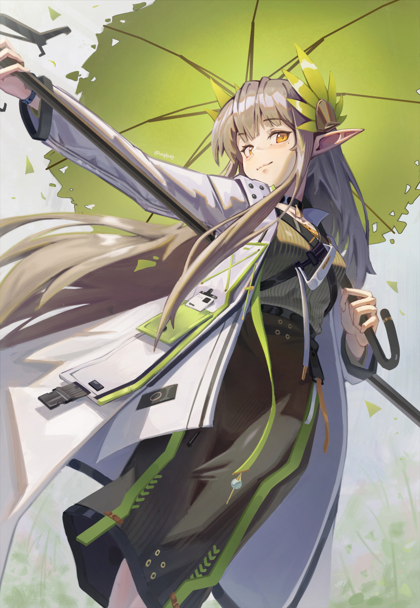 1girl, absurdres, aqby69, arknights, black_choker, black_skirt, brown_hair, choker, closed_mouth, coat, elf, feet_out_of_frame, green_umbrella, highres, holding, holding_umbrella, infection_monitor_(arknights), lab_coat, long_hair, long_sleeves, looking_at_viewer, mole, mole_under_eye, muelsyse_(arknights), open_clothes, open_coat, orange_eyes, pointy_ears, shirt, skirt, smile, solo, umbrella, white_coat