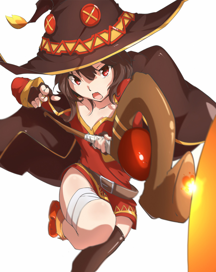 1girl, bandaged_leg, bandages, belt, black_cloak, black_hat, black_thighhighs, blurry