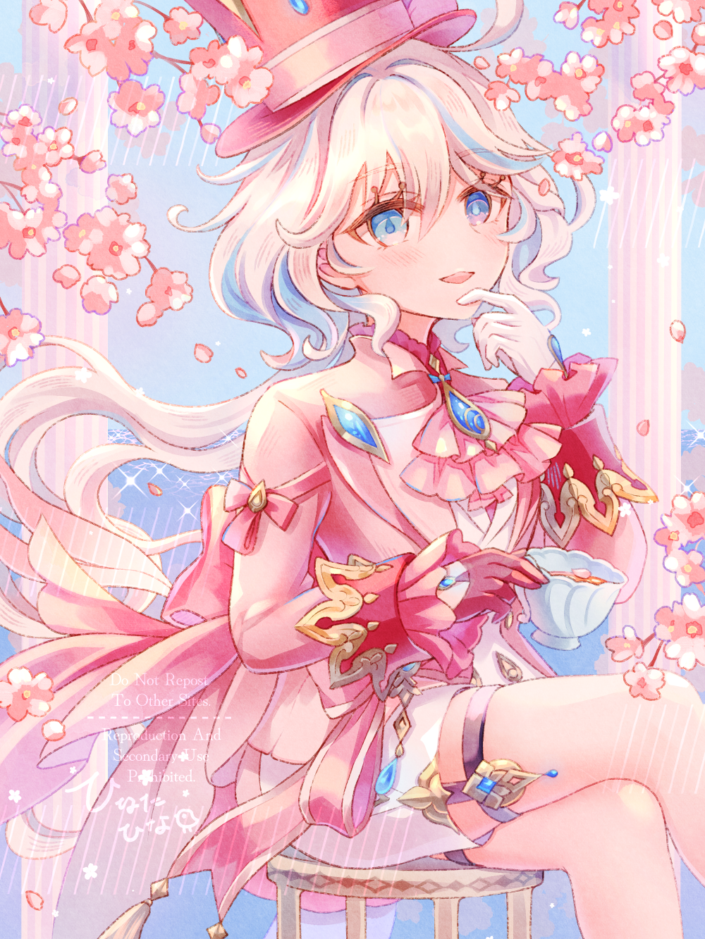 1girl, alternate_color, ascot, asymmetrical_gloves, blue_eyes, blue_gemstone, blue_hair, blue_pupils, commentary_request, crossed_legs, cup, drop-shaped_pupils, flower, furina_(genshin_impact), gem, genshin_impact, gloves, hair_between_eyes, hand_on_own_chin, hat, heterochromia, highres, hina_cassiopeia, holding, holding_cup, jacket, long_hair, long_sleeves, mismatched_gloves, multicolored_hair, ouji_fashion, pink_ascot, pink_flower, pink_gloves, pink_hat, pink_jacket, short_shorts, shorts, sitting, solo, streaked_hair, symbol-shaped_pupils, teacup, thigh_strap, very_long_hair, white_gloves, white_hair, white_shorts