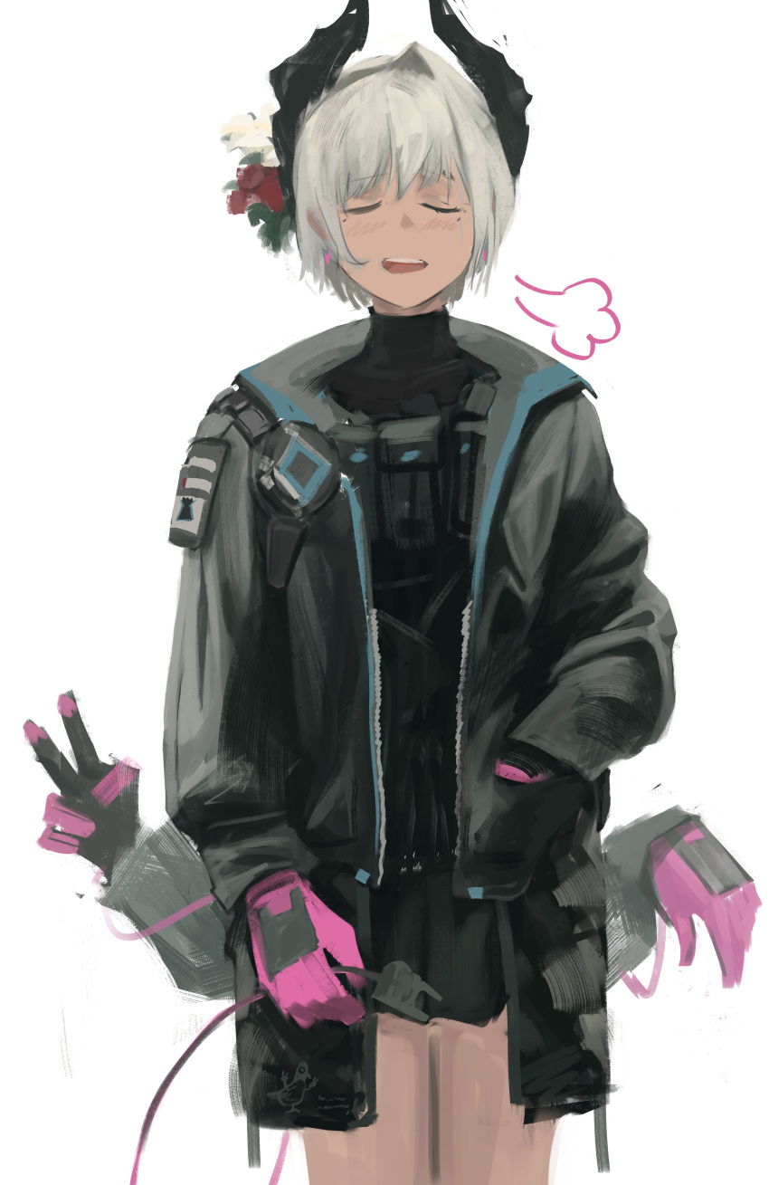 1girl, absurdres, arknights, black_coat, black_gloves, blush, closed_eyes, coat