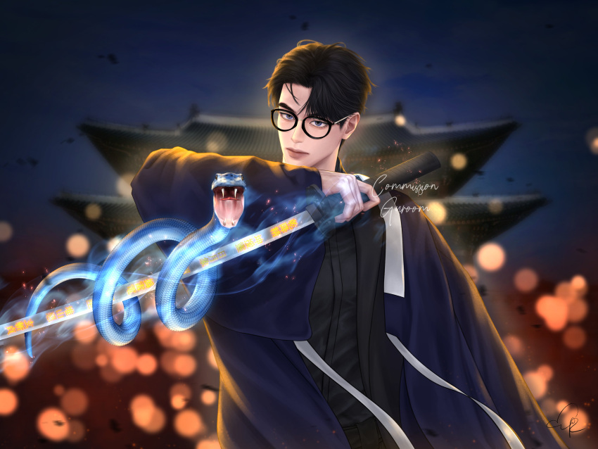 1boy, absurdres, architecture, black_hair, black_shirt, blue_cloak, blue_eyes, blue_snake