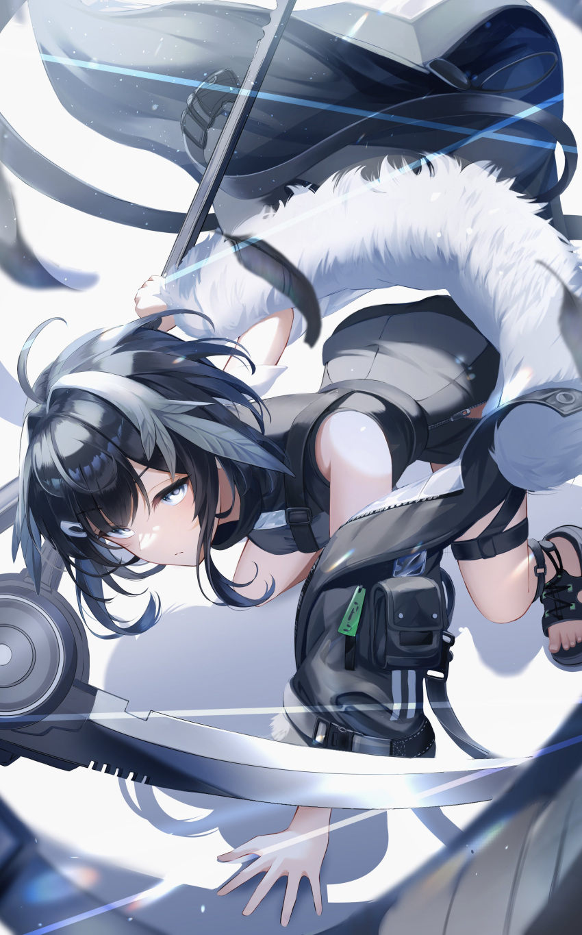 1girl, absurdres, ahoge, arknights, black_dress, black_hair, black_jacket, black_sandals