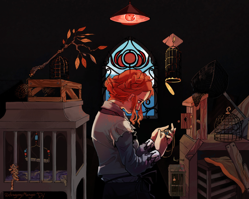 1girl, birdcage, blue_sky, braid, braided_bun, branch, cage, ceiling_light, clouds, crack, dragonymango, from_side, hair_bun, highres, holding, holding_jewelry, holding_necklace, indoors, jewelry, kyokugen_dasshutsu, kyokugen_dasshutsu_adv:_zennin_shibou_desu, leaf, light_bulb, luna_(kyokugen_dasshutsu), necklace, net, orange_hair, sidelocks, sky, solo, window