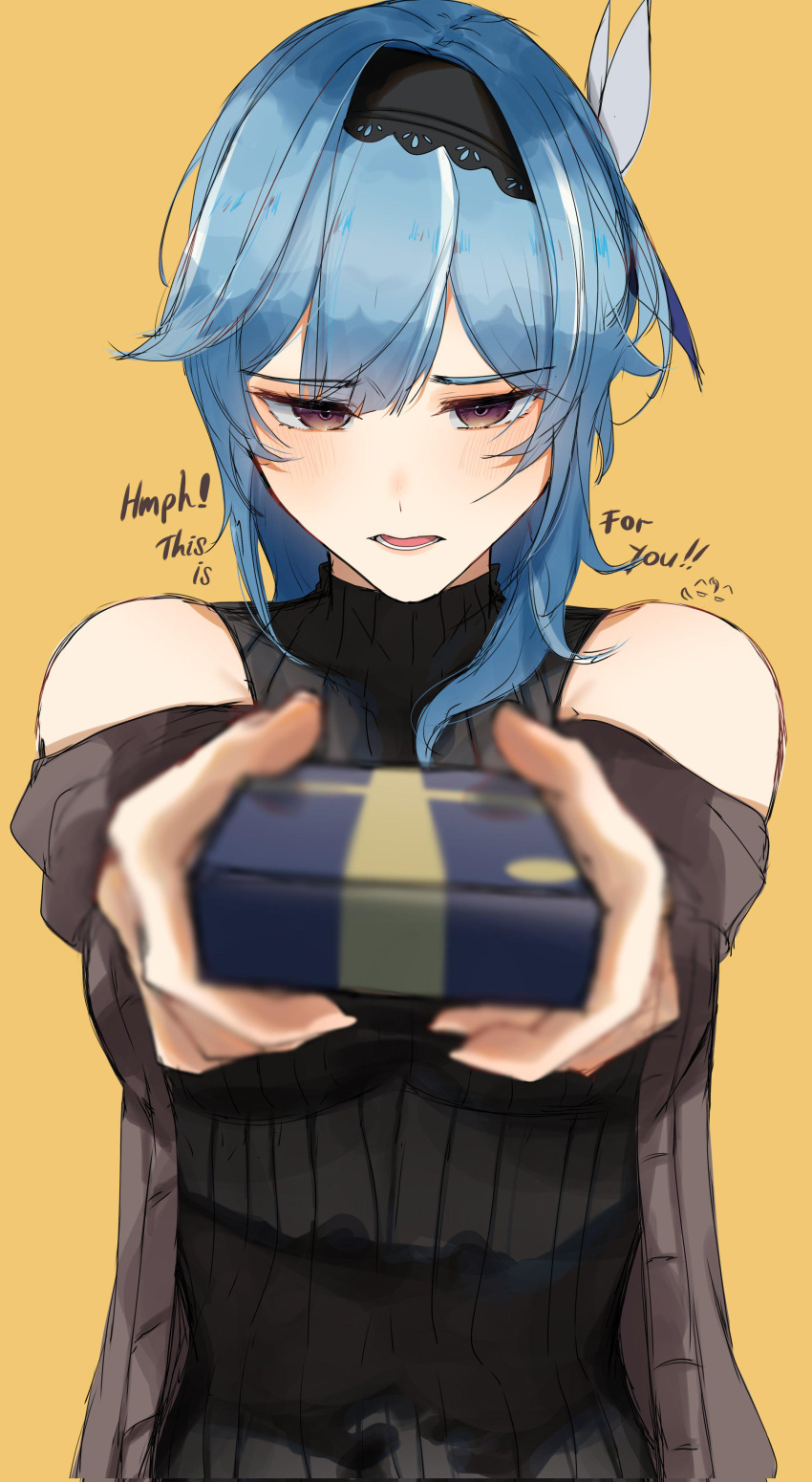 1girl, 4reiji, absurdres, bad_id, bad_twitter_id, black_hairband, black_sweater, blue_hair