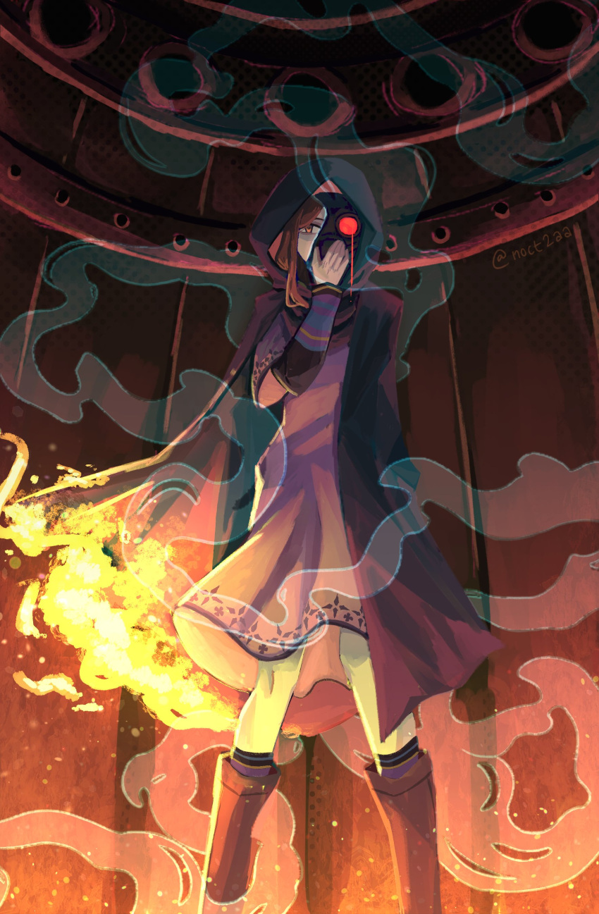 1girl, absurdres, black_coat, boots, brown_hair, burning, coat, commentary