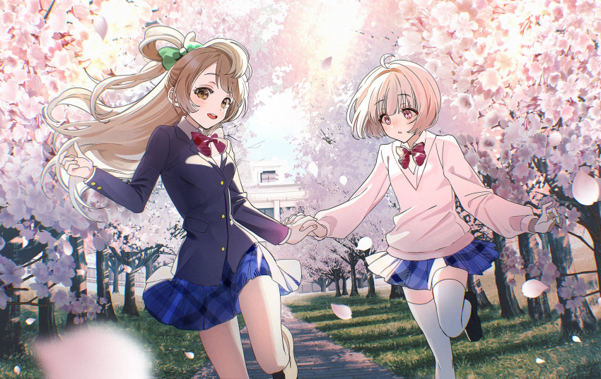 2girls, :o, ahoge, blazer, blue_jacket, blue_skirt, blush, bob_cut