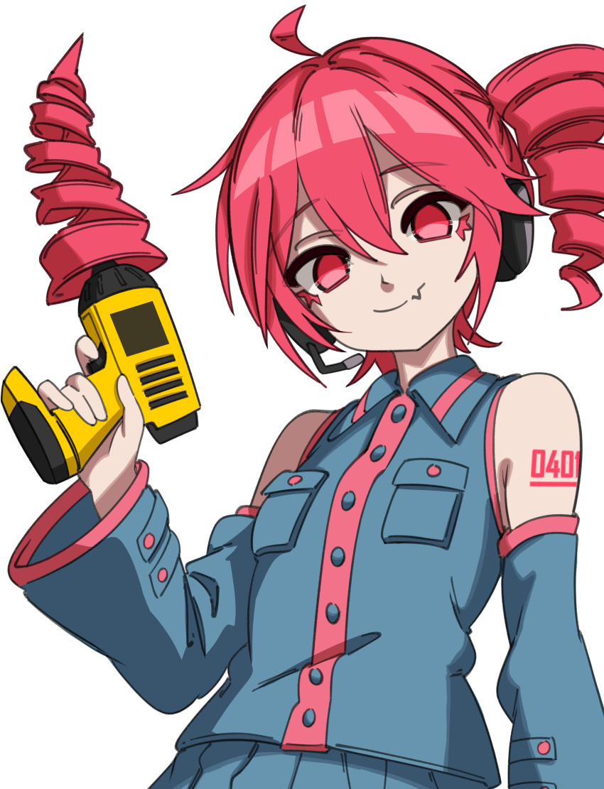 1girl, absurdres, ahoge, bare_shoulders, blue_shirt, blue_sleeves, breast_pocket, colored_eyelashes