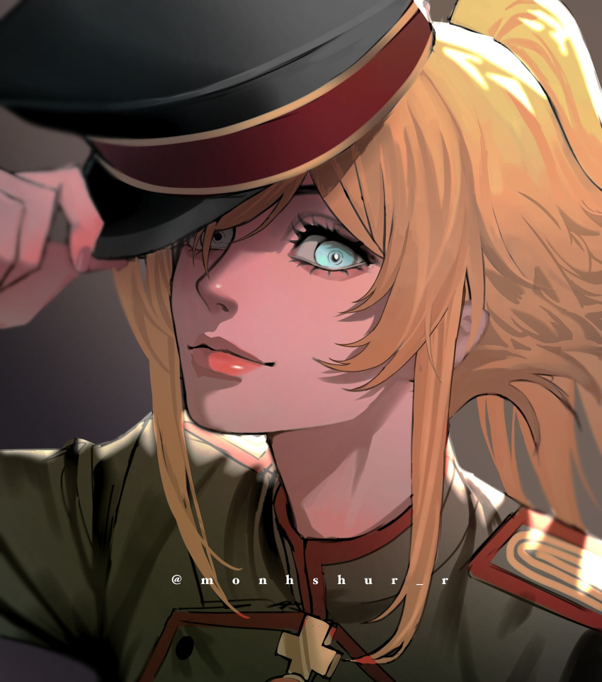 1girl, aged_up, blonde_hair, blue_eyes, commentary, cross, eyebrows_hidden_by_hair, hair_over_one_eye